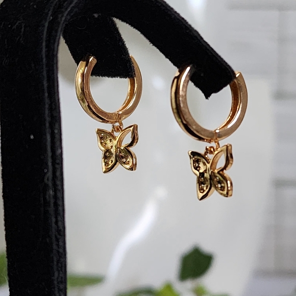 Gold Filled Huggie Hoop Earrings Pave Butterfly Charm - Picture 6 of 8